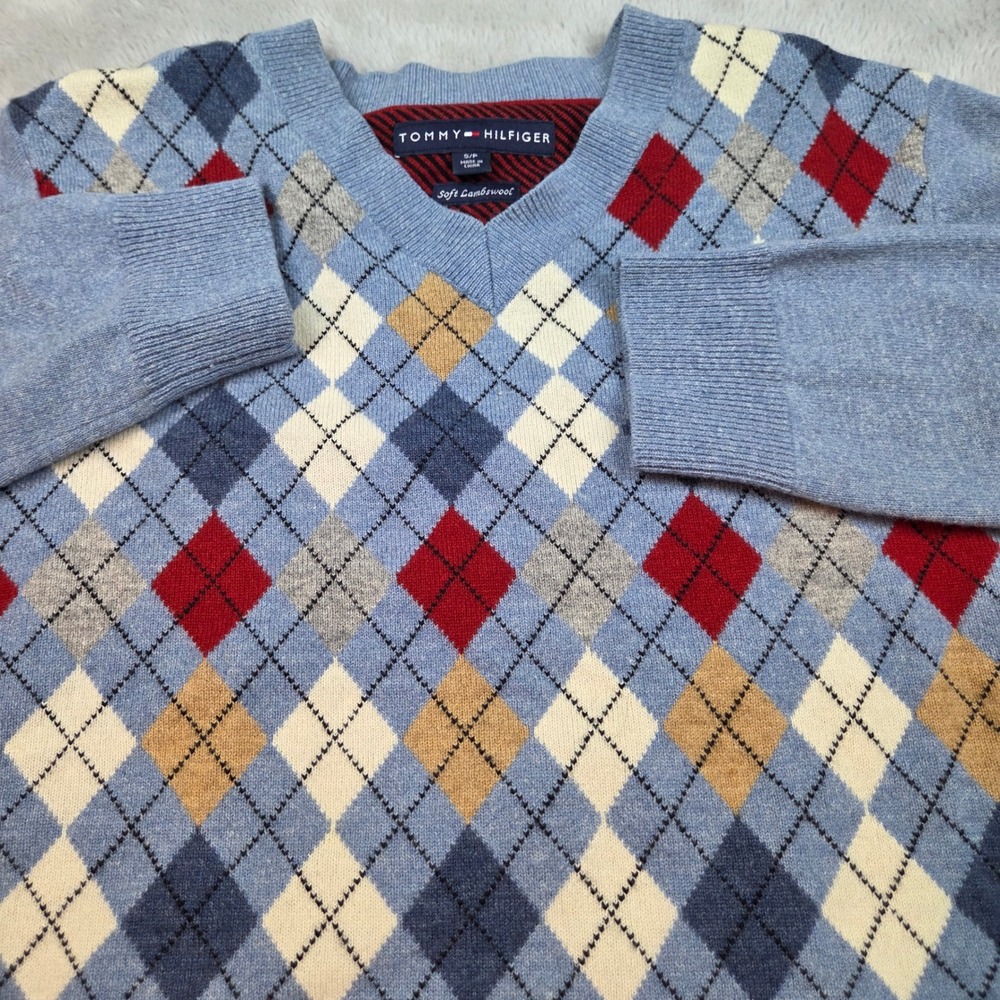 Tommy Hilfiger Argyle Sweater Mens Small Blue Lambswool V-Neck Preppy 188450